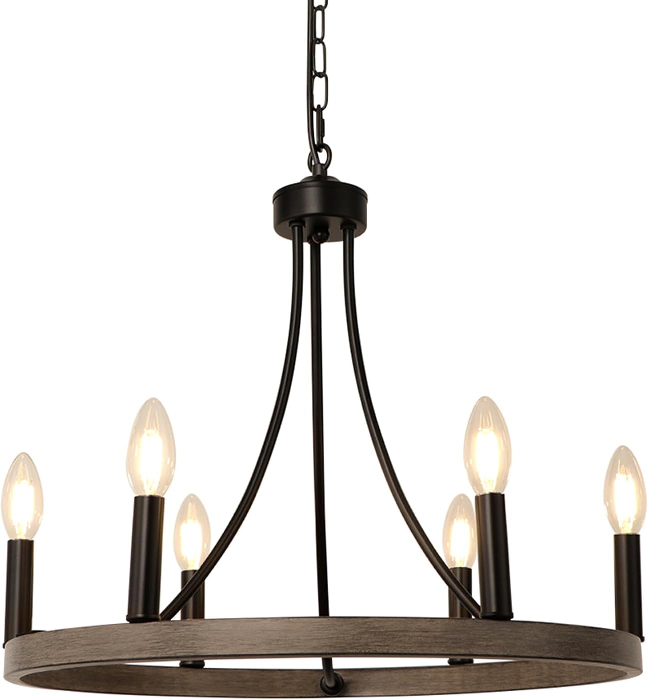 Candelabro de rueda de carro de 20 pulgadas, 6 luces rústicas de granja, lámpara de metal de madera sintética negra, lámpara de comedor, candelabros