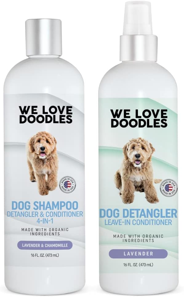 We Love Doodles Juego combinado de champú y desenredante en aerosol 4 en 1 para perros, fabricado en Estados Unidos, ingredientes orgánicos, kit de