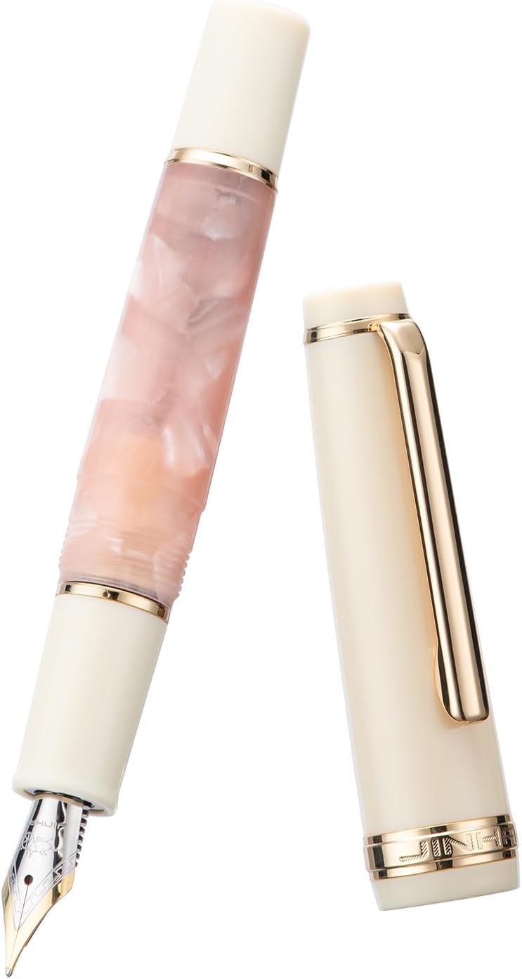 Jinhao 82 Mini pluma estilográfica acrílica, punta doblada iridio con convertidor de tinta, mini bolígrafo de viaje rosa Sakura de bolsillo corto