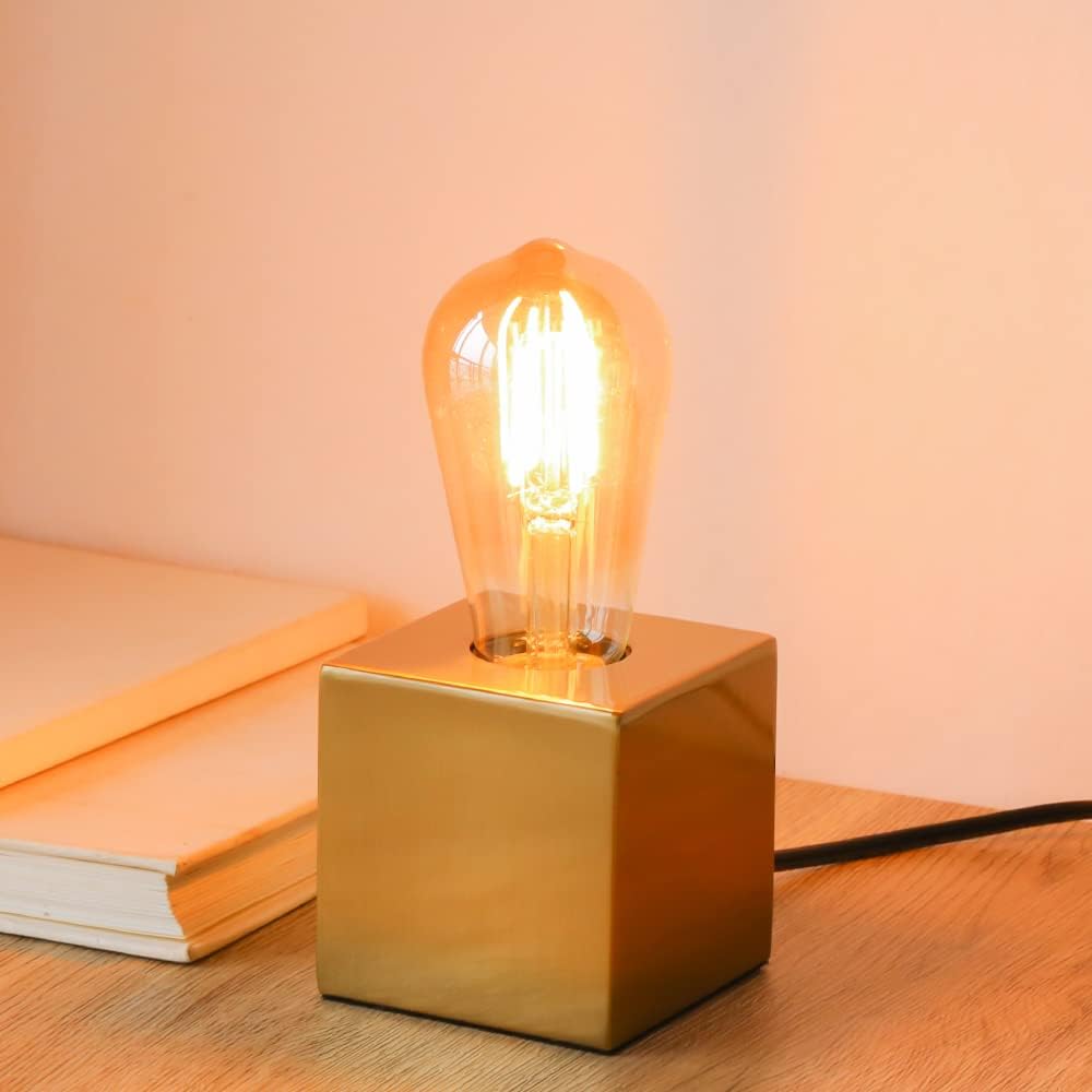 KUNJOULAM Mini base de lámpara de mesa industrial, luz dorada para mesita de noche, moderna lámpara de acento pequeña, acabado de latón, bombilla