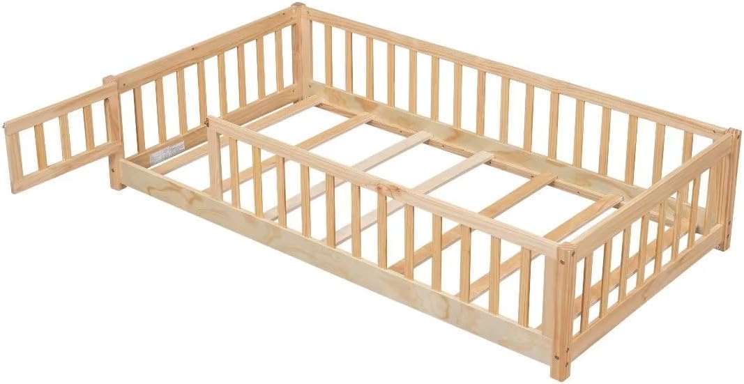 i-POOK Cama de plataforma Montessori de tamaño individual, marco de cama con barandillas en forma de valla y plataforma de madera maciza con 7