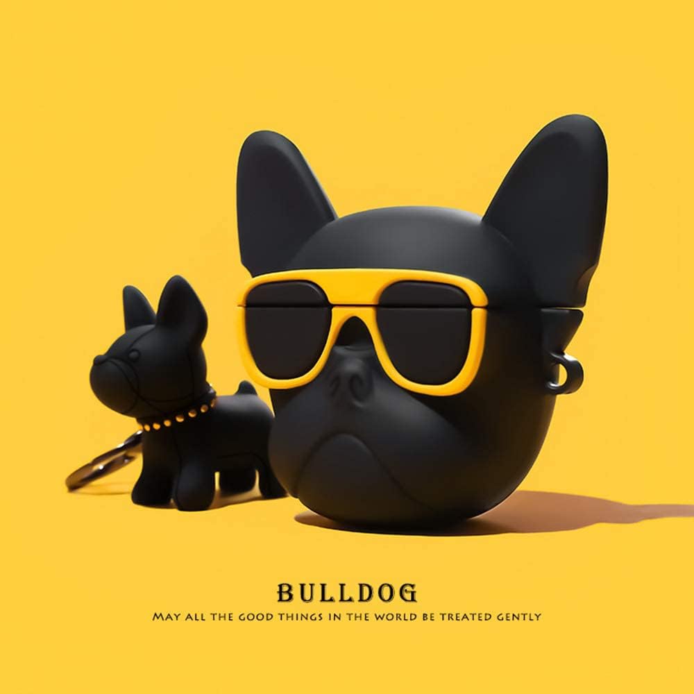 Compatible con Airpods 12, silicona 3D lindo bulldog con gafas amarillas divertido personaje de dibujos animados Airpod Cover Kawaii divertido