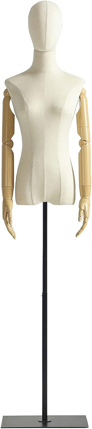 Vestido de maniquí femenino con forma de torso, cuerpo de maniquí de exhibición con cabeza desmontable, manos de madera y soporte de altura