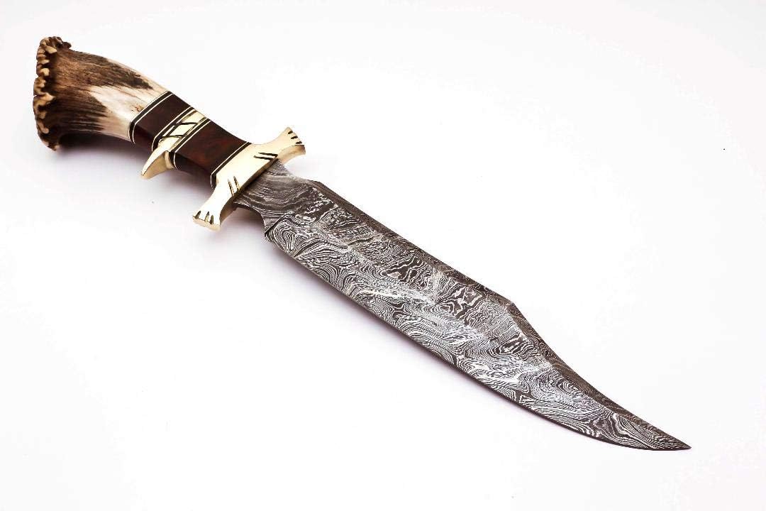 Cuchillo de caza de acero de Damasco con mango de asta de ciervo con madera de Burl y protector de latón, hoja de fijación de borde afilado hecho a