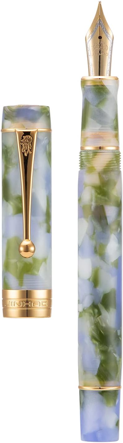 Jinhao – Pluma estilográfica clásica de celuloide azul y verde, punta extrafina con conveter y estuche para bolígrafos