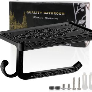 Soporte de pared para papel higiénico, soporte de papel higiénico retro con estante para teléfono, soporte de rollo de papel de aluminio con gancho Soporte de pared para papel higiénico, soporte de papel higiénico retro con estante para teléfono, soporte de rollo de papel de aluminio con gancho