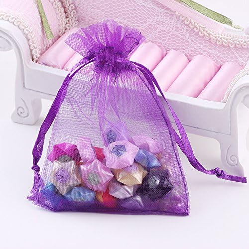 100 bolsas de regalo de 4 x 6 pulgadas, color morado, tela transparente de organza, bolsas de regalo elegantes con cordón para regalos de baby