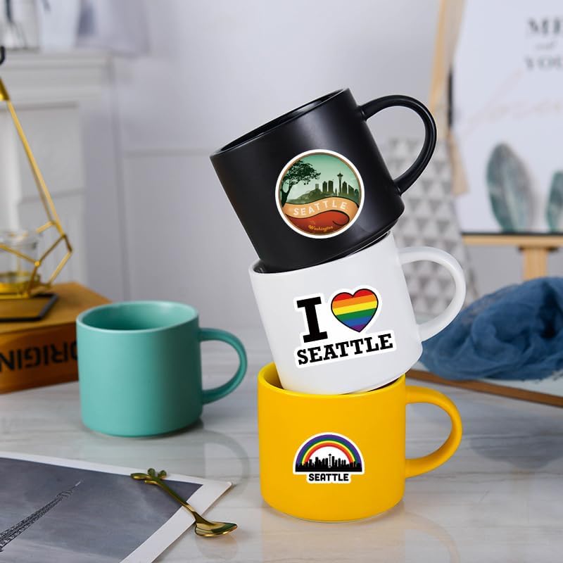 53 calcomanías de Seattle de vinilo impermeables para laptop, parachoques, patineta, botella de agua, computadora, teléfono, calcomanías de dibujos