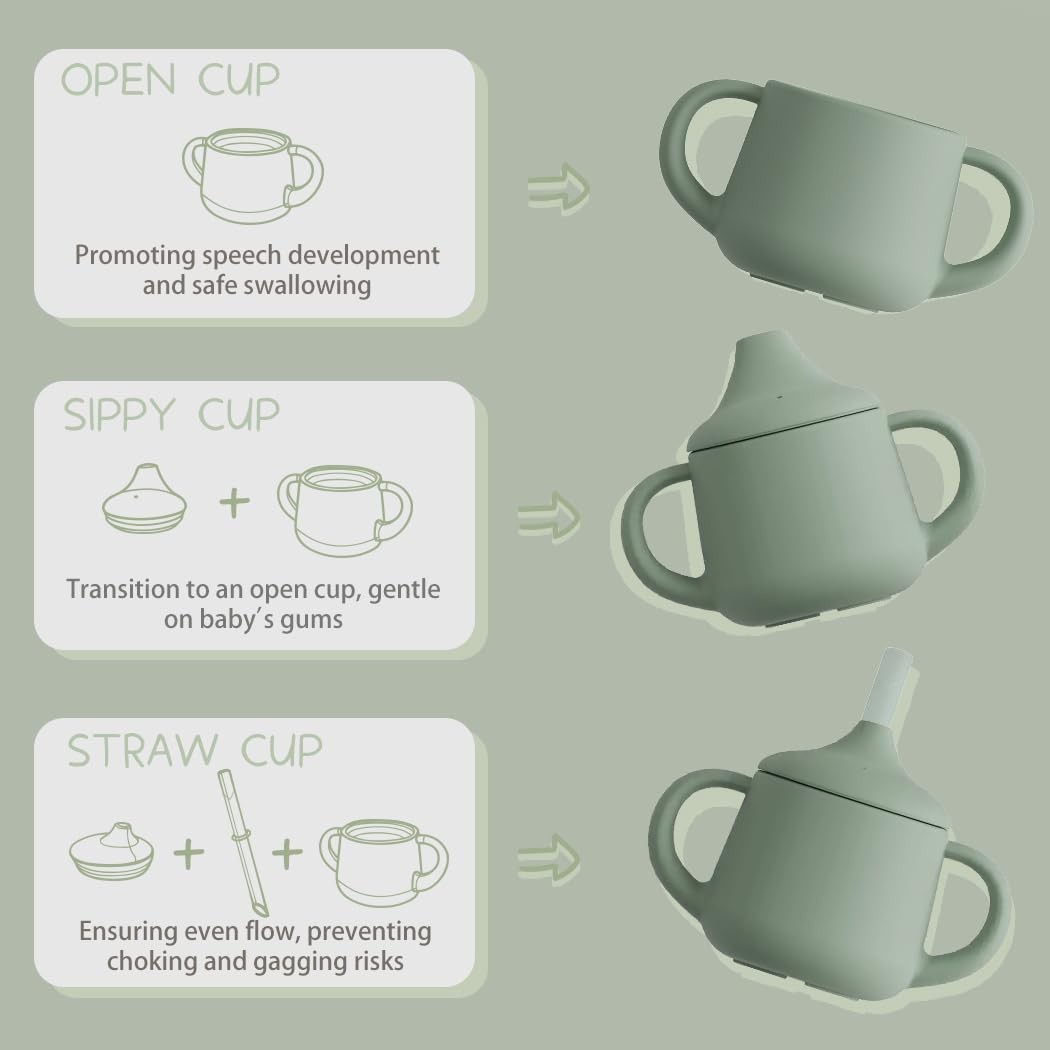 Moonkie Vasos de silicona para bebés  Taza de entrenamiento de 3 etapas con popote para bebés y niños pequeños, 4 onzas (salvia)
