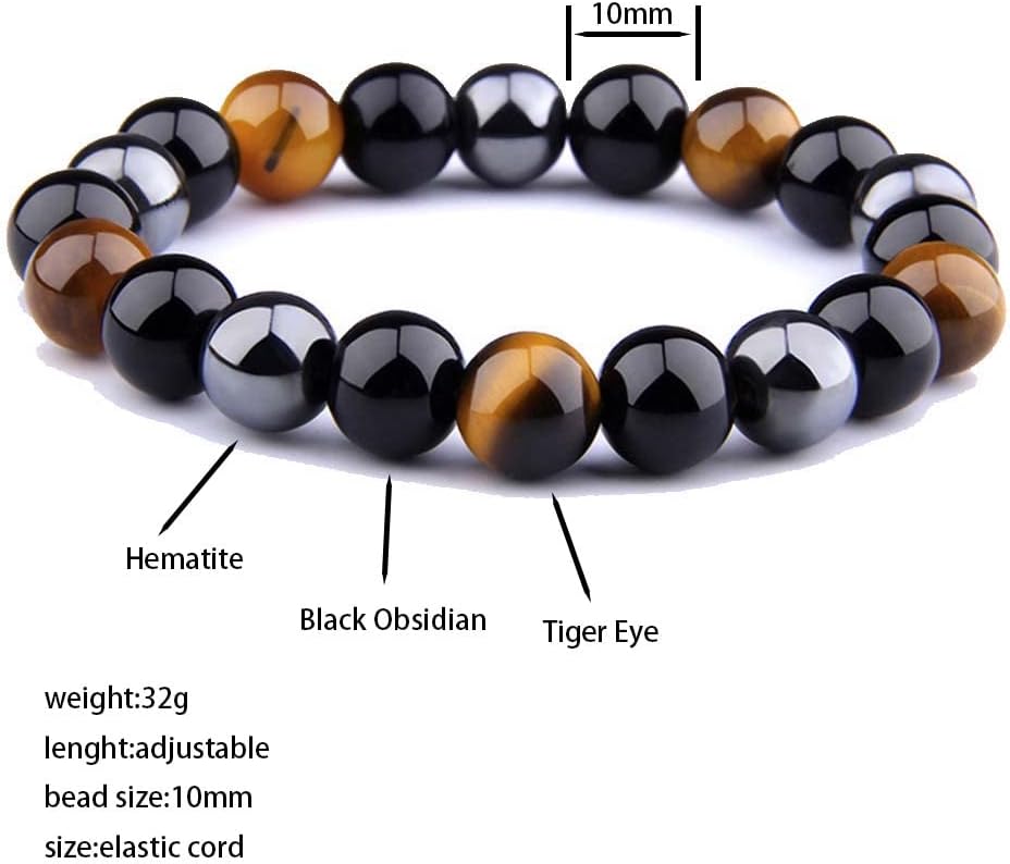 Pulsera de triple protección, pulsera de cuentas de piedra de ojo de tigre, pulsera de hematita obsidiana negra de 0.394 pulgadas, trae buena suerte