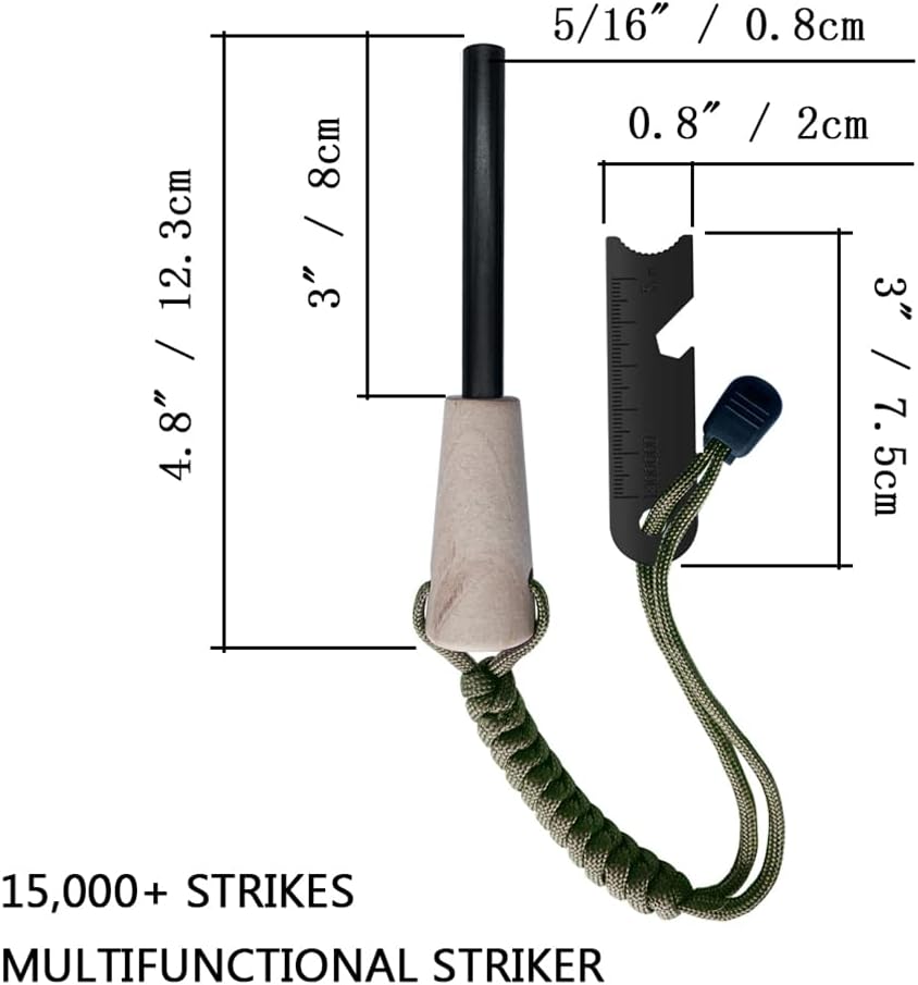 Kit de supervivencia para iniciador de fuego, varilla de ferro más grande con cordón de golpeador de 3 pulgadas de largo, pedernal y acero, cordón