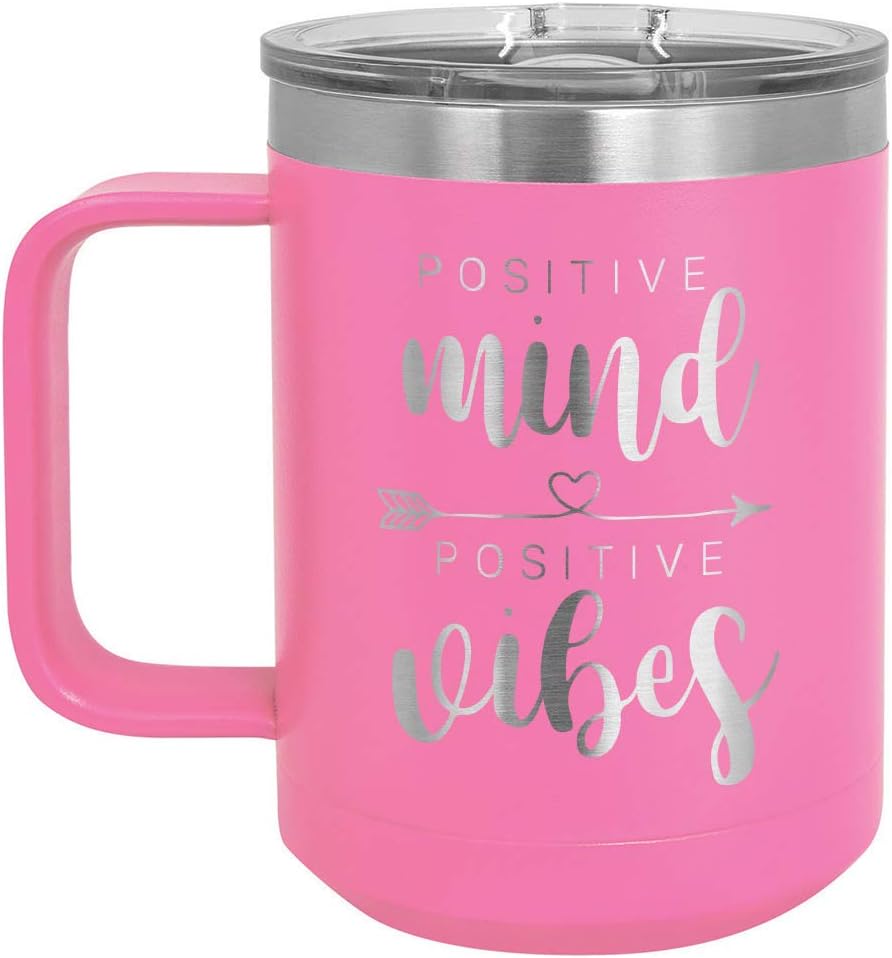 ONLYGIFTS.COM Taza de café con tapa deslizante con vibraciones positivas de mente positiva, de 15 onzas, taza de café de viaje aislada, ideas de