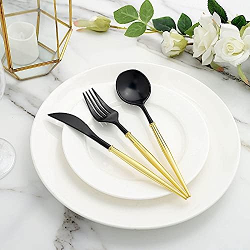 BalsaCircle – Juego de 24 cubiertos desechables de plástico negro y dorado, cuchara, tenedor y cuchillo, suministros de decoración de recepción