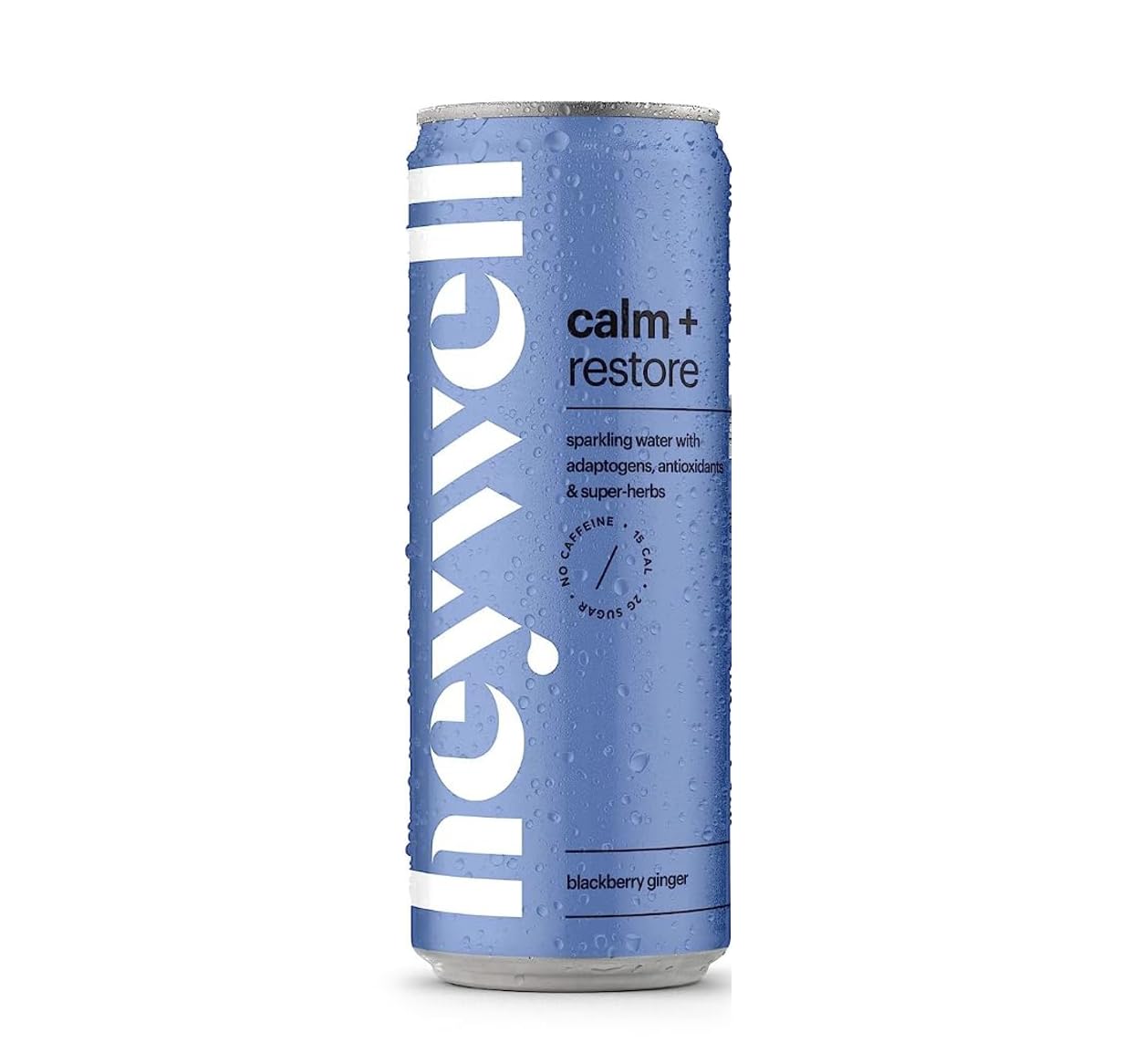 heywell Agua adaptógenica espumosa calma + restaura jengibre de mora sin cafeína, paquete de 12 latas de 12 onzas