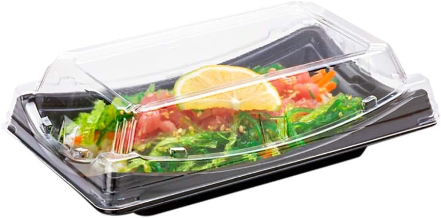 Restaurantware Roku – Bandejas de sushi de 7.5 x 4.75 pulgadas, 100 recipientes desechables para sushi con tapas, recipientes cortos para llevar