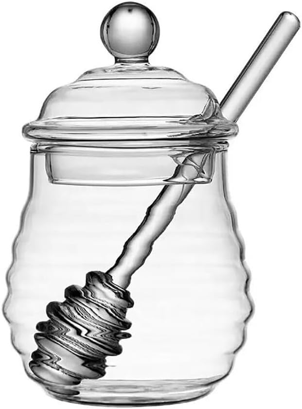 Honey Pot – Tarro de miel de vidrio con cuchara de 9.8 oz (9.8 fl oz) Contenedor de miel con tapa y recipiente de jarabe de miel