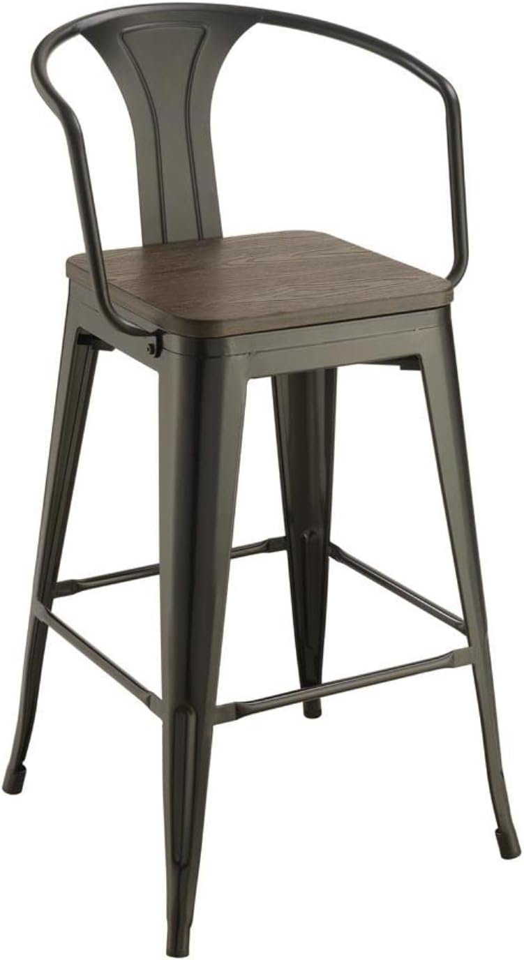 Coaster Home Furnishings Tolix – Taburete de bar industrial de 30 pulgadas con respaldo medio, taburete de bar de bambú sólido con marco de metal,