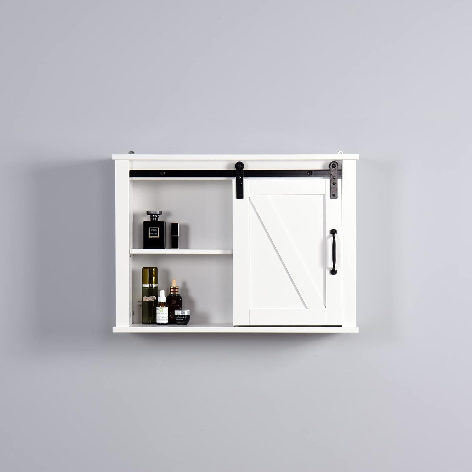Armario de almacenamiento de pared con puerta de granero y 2 estantes ajustables en el interior, gabinete flotante de madera LERFAN moderno, 27.16 x