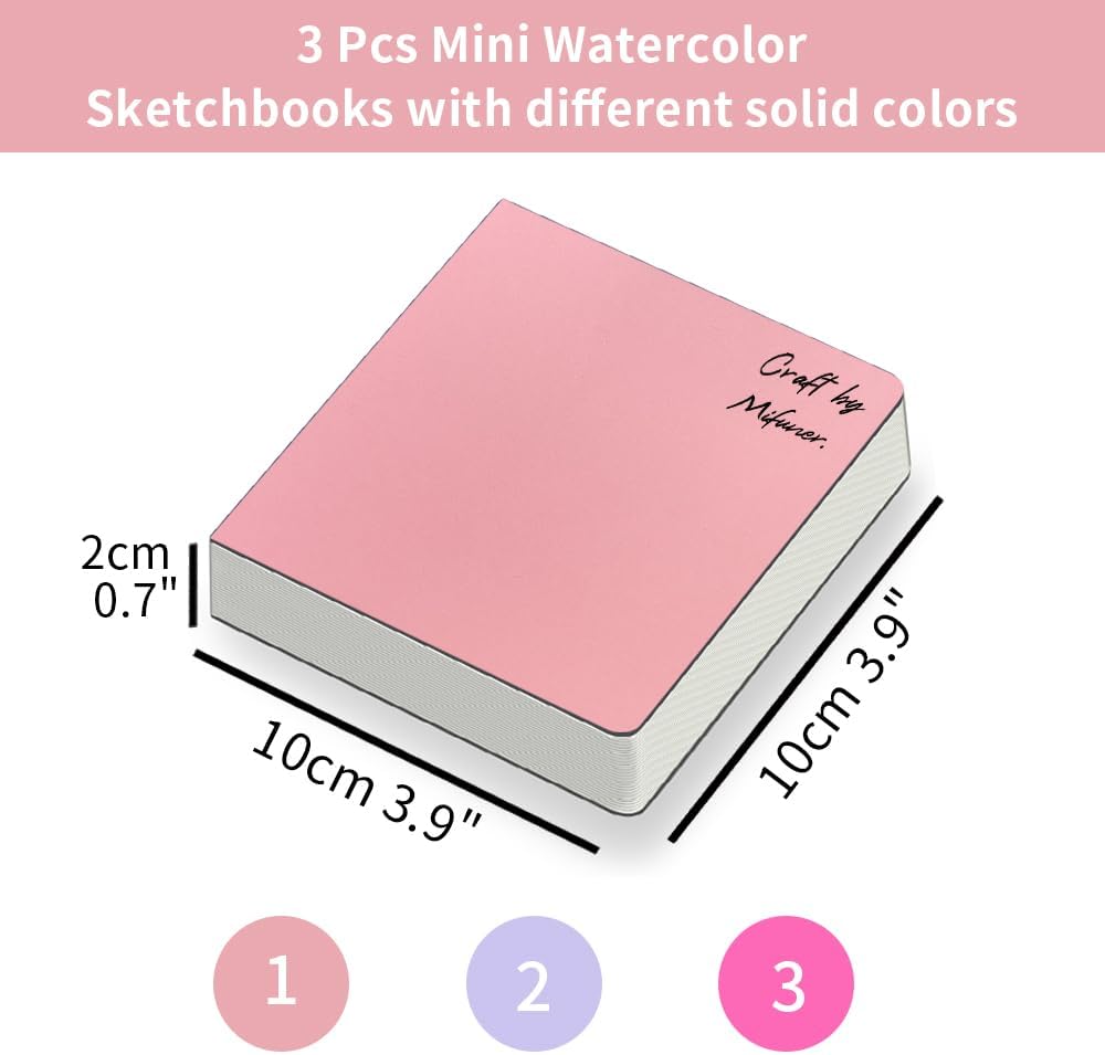 3 mini cuaderno de bocetos de acuarela de 3.9 x 3.9 pulgadas, 300 GSM, cuaderno de pintura cuadrado portátil, 60 pgs (30 hojas delanteras y traseras
