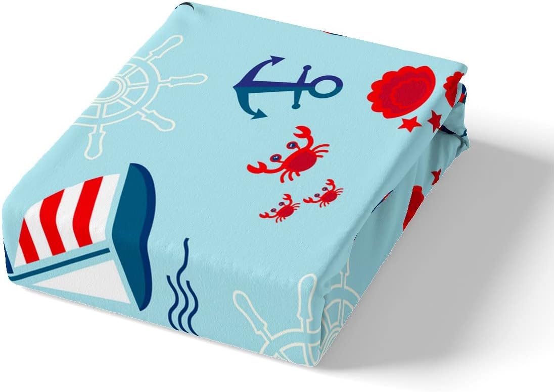 Homewish Anchor Fitted Sheet Twin,Sailboat Nautical Bedding Set 2pcs for Kids Teens Boys Girls Room Decor,Crab Seagull Bed Cover Ocean Blue Bed