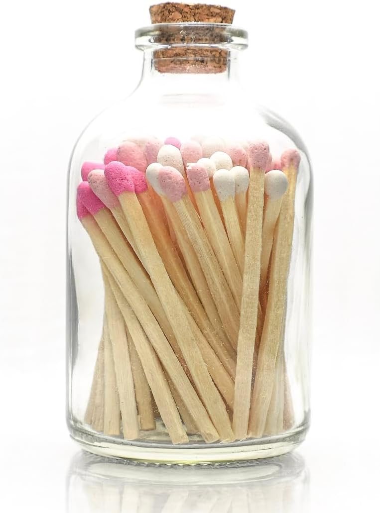 Shades of Pink Tip – Fósforos decorativos  Más de 60 fósforos pequeños de seguridad de madera premium en tarro de vidrio con golpeador en la parte