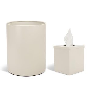 Cubo de basura redondo para baño, papelera y cubo de pañuelos, organizador de accesorios a juego, juego de 2, color blanco Cubo de basura redondo para baño, papelera y cubo de pañuelos, organizador de accesorios a juego, juego de 2, color blanco