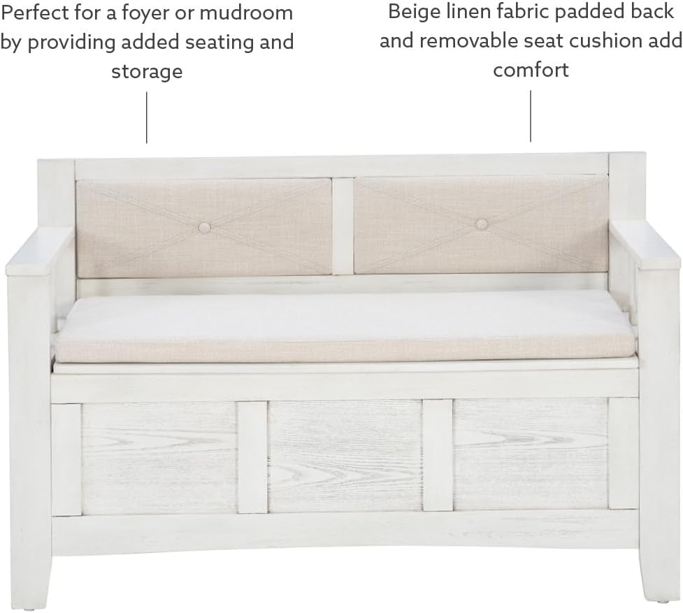 Linon Carlton – Banco de almacenamiento blanco con respaldo tapizado beige y asiento acolchado, gris ahumado