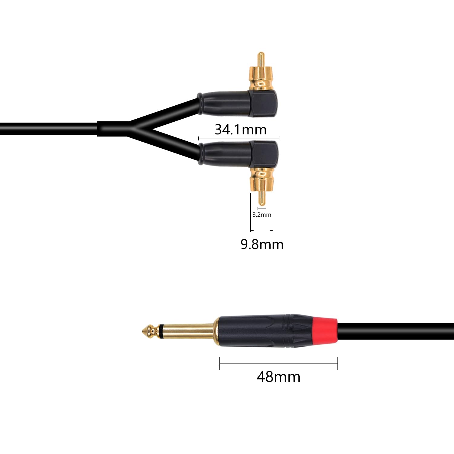 RIIEYOCA Cable de audio TS a RCA dual de 14 de pulgada, chapado en oro, conector TS macho de 0.250 in a ángulo recto 2 RCA Phono macho estéreo Y