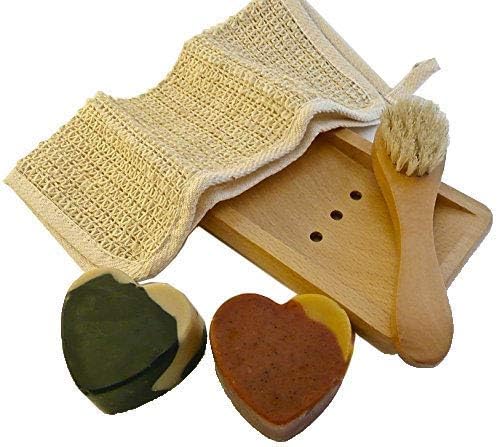 BOGUE Luxury Goat Milk Soap-Big Soap Hearts of Moisturizing N20 Palo Santo & N21 Activated Charcoal & Kaolin Clay with Sisal Cloth, Facial Scrubber