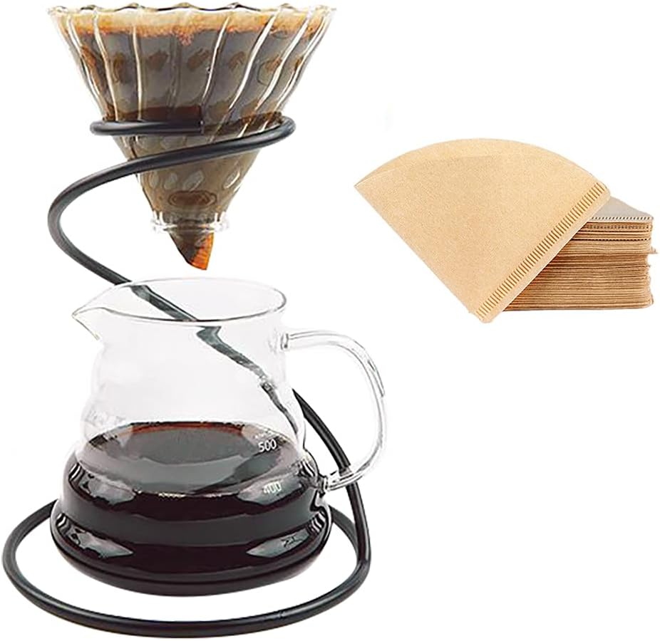 Juego de cafetera vertida  Incluye gotero de café de vidrio, soporte de gotero de metal, servidor de café resistente al calor de 20.3 fl oz y 40