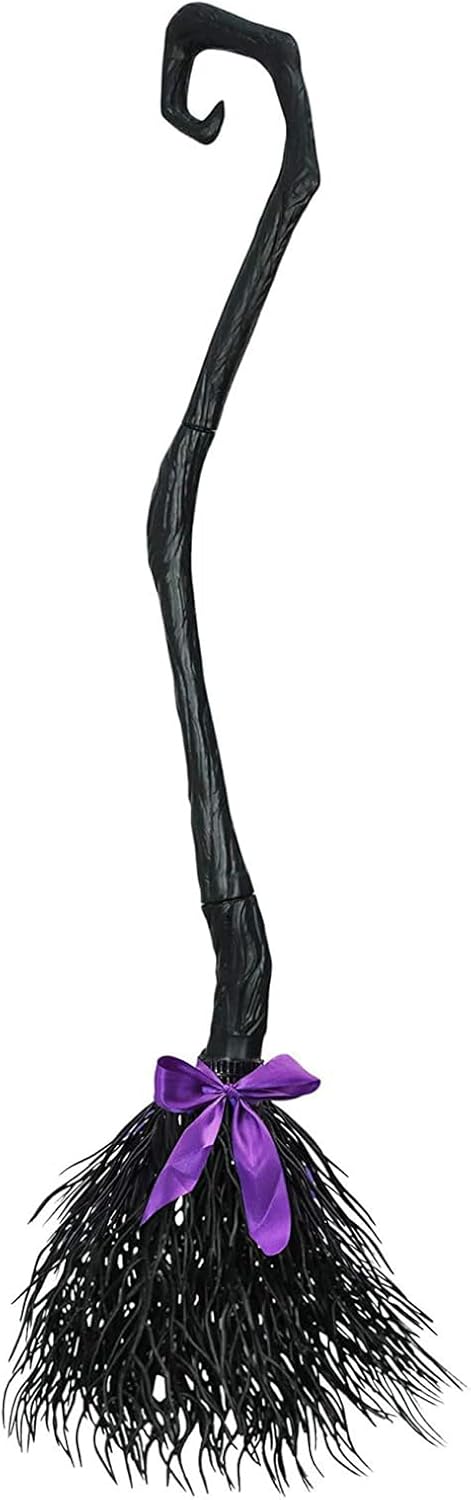 Escoba de bruja de Halloween para niños y adultos, escoba de bruja realista de paja para cosplay, escoba voladora de mago (negro, con 3 cintas de