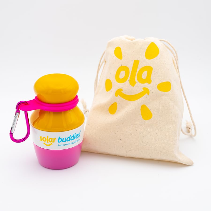 Pink Bag Bundle Solar Buddies – Bolsa aplicadora de protector solar recargable enrollable con aplicador de clip Carabina para familias, niños,