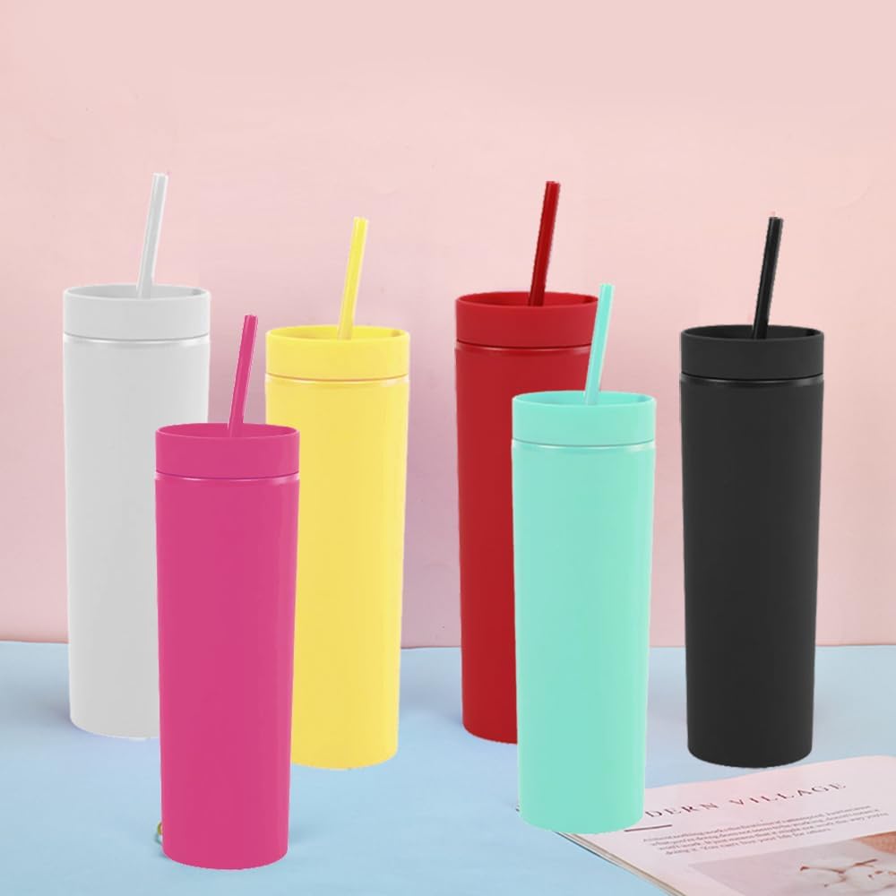 momocici Vasos delgados mate a granel. Vasos delgados de color pastel mate de 16 onzas con tapas y pajitas. Vaso de plástico acrílico de doble pared
