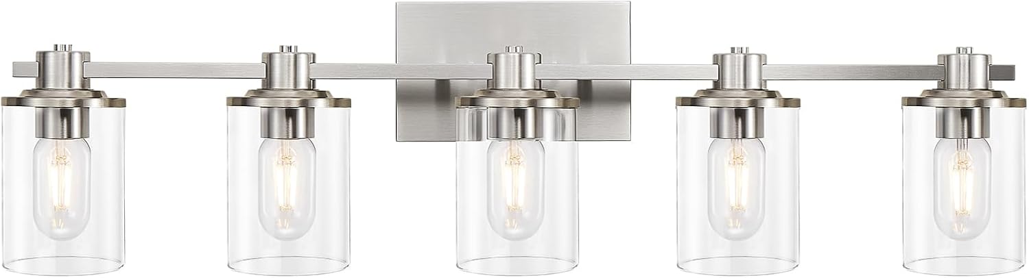 DUJAHMLAND Lámpara de baño, 5 luces de níquel cepillado sobre espejo, luz de tocador con pantalla de vidrio transparente, iluminación de tocador de