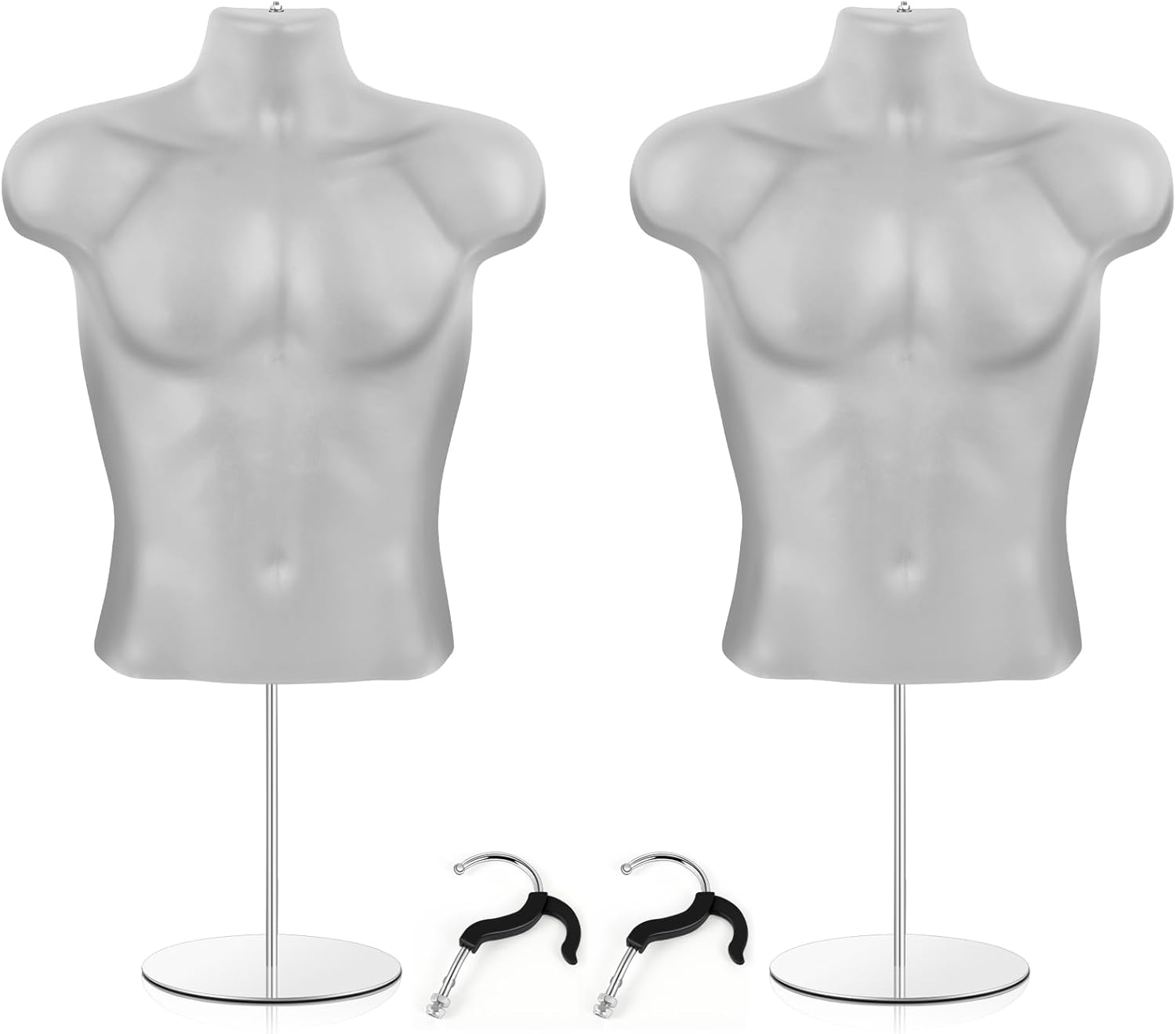 Paquete de 2 maniquíes masculinos con soporte de espalda hueca y cuerpo de maniquí blanco para venta al por menor, exhibición de camisetas con poste