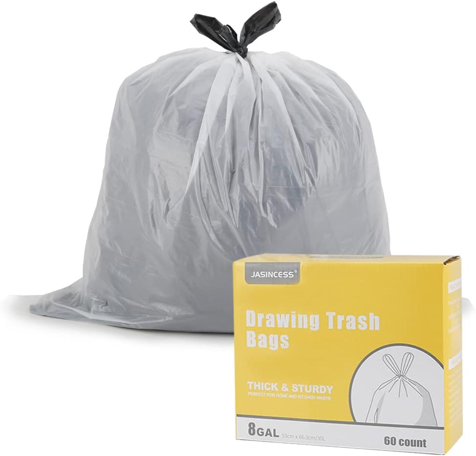 JASINCESS Bolsas de basura pequeñas con cordón de 8 galones, bolsas de basura gruesas multiusos para la oficina en casa, cocina (transparente-60)