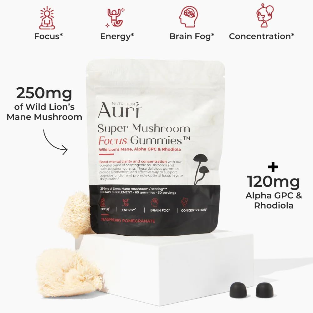 Auri Gomitas Super Mushroom Focus  melena de león, Alpha GPC y Rhodiola  Suplemento de hongos para apoyar la función cognitiva, claridad mental,