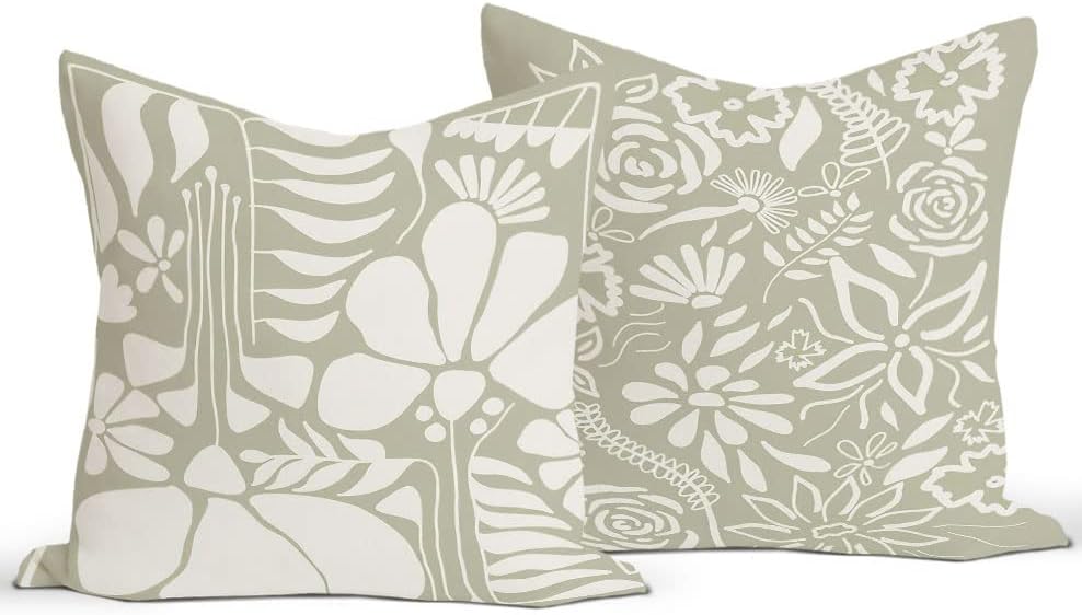 Rusenbao Juego de 2 fundas de almohada bohemias abstractas con diseño botánico verde salvia floral para decorar el hogar, dormitorio, sala de estar,