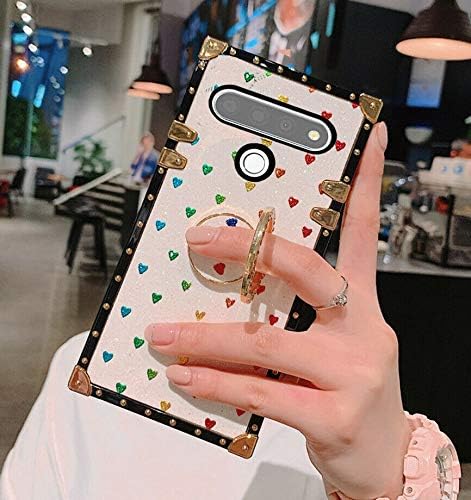 K61 – Funda para LG K61, diseño cuadrado, diseño lindo con purpurina y corazón, suave, con anillo de diamante, color blanco