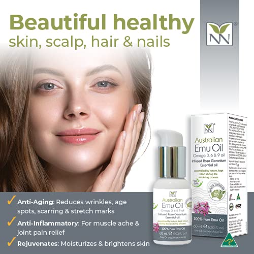 Y-Not Natural – Aceite de emú orgánico farmacéutico 100% puro, 2.0 fl oz, aceite aborigen Omega 3, 6 y 9 de corral libre infundido con geranio rosa