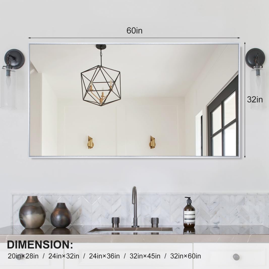 Espejo grande de 32 x 60 pulgadas para montar en la pared, moderno espejo de aluminio plateado para el hogar, sala de estar, dormitorio, espejo