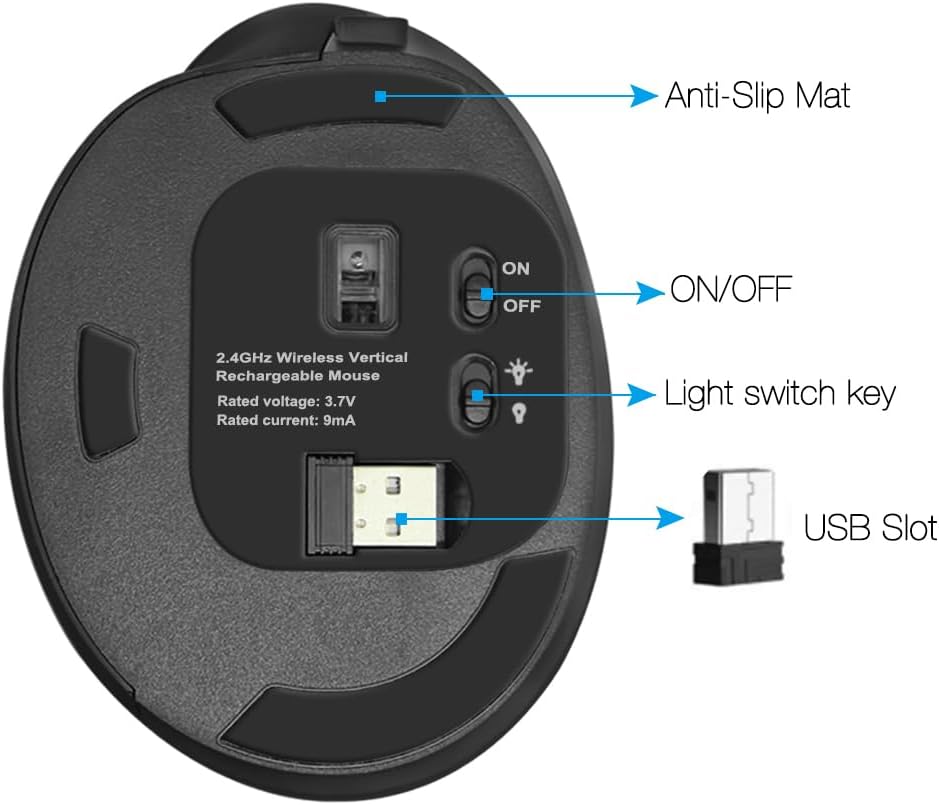 Ratón inalámbrico ergonómico vertical para manos grandes, silencioso, silencioso, Ergo, luz LED azul, 3600 DPI, túnel carpiano, cómodo mouse