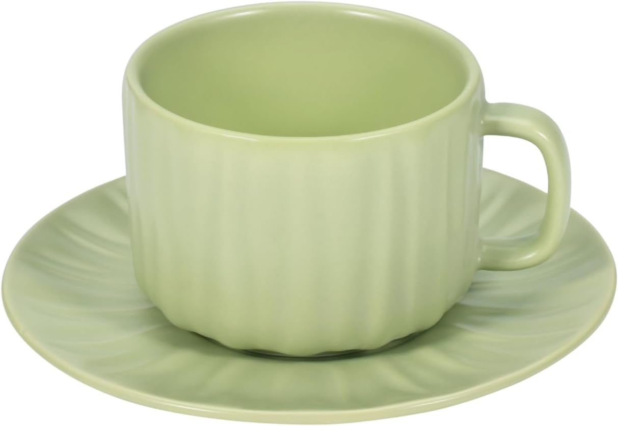 Denovin Juego de taza de café y platillo de cerámica, taza de café de capuchino Demitasse con rayas de melón amargo, 8 onzas, perfecta para té con