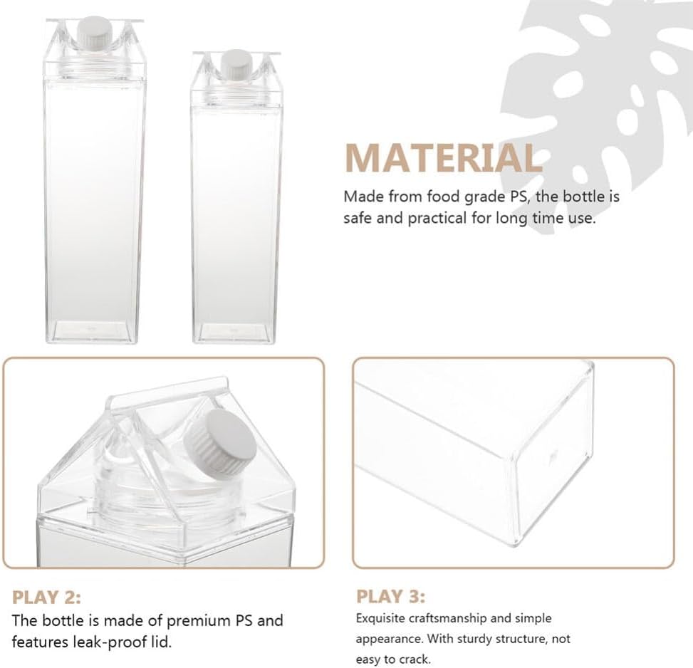 Luxshiny Botellas de agua de cartón de leche, botellas de leche cuadradas transparentes de 16.9 fl oz, 33.8 fl oz, caja de jugo de plástico, jarras
