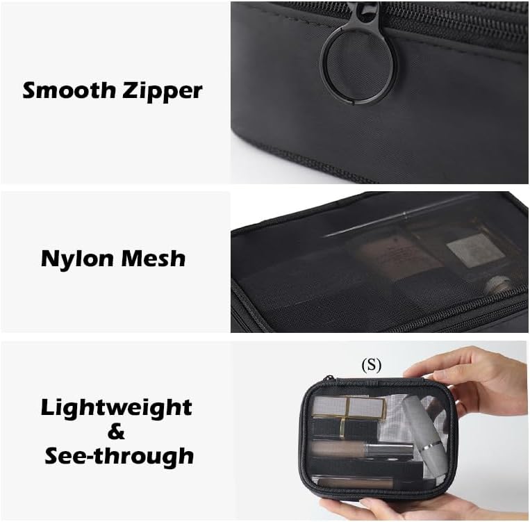 Bolsa de maquillaje, bolsa de aseo ligera para viajes, bolsa de maquillaje compacta con cremallera, color negro, Malla Negra