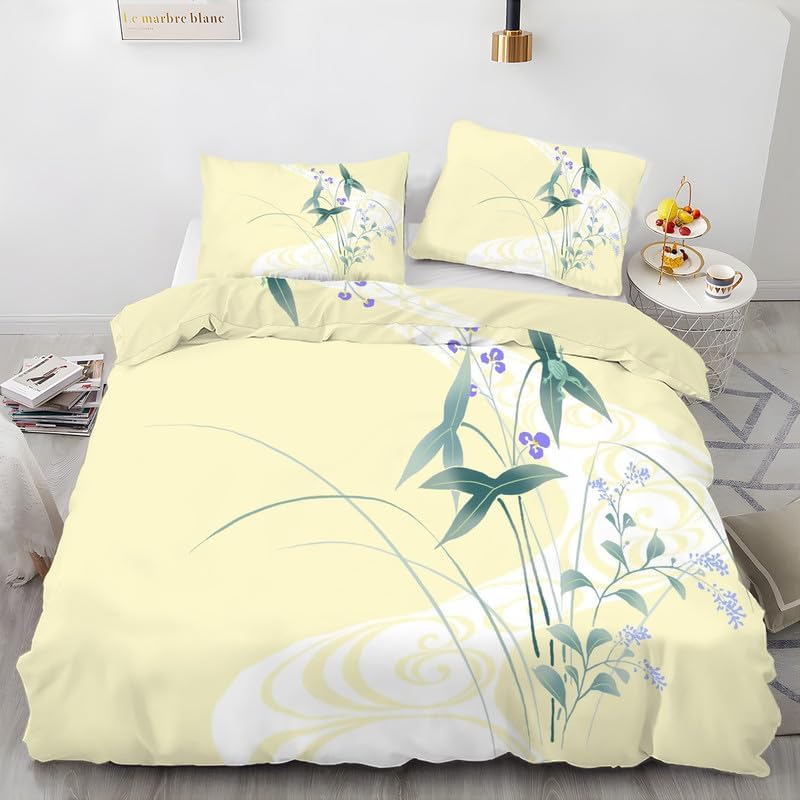 Juego de funda de edredón tamaño individual con hojas amarillas claras, estampado de flores, funda de edredón de microfibra suave y 2 fundas de