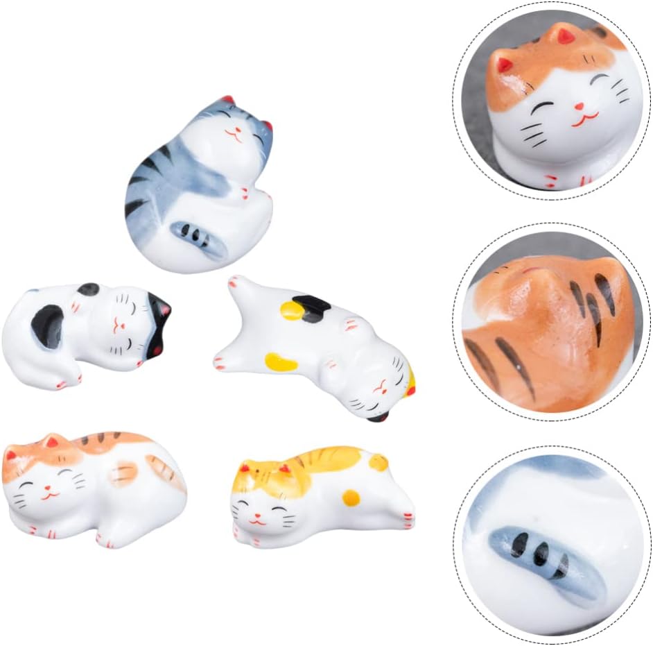 BESTonZON 5 palillos de gato con soporte para pinceles de pintura china, estilo japonés, porcelana, lindo gato de la suerte, soporte para palillos