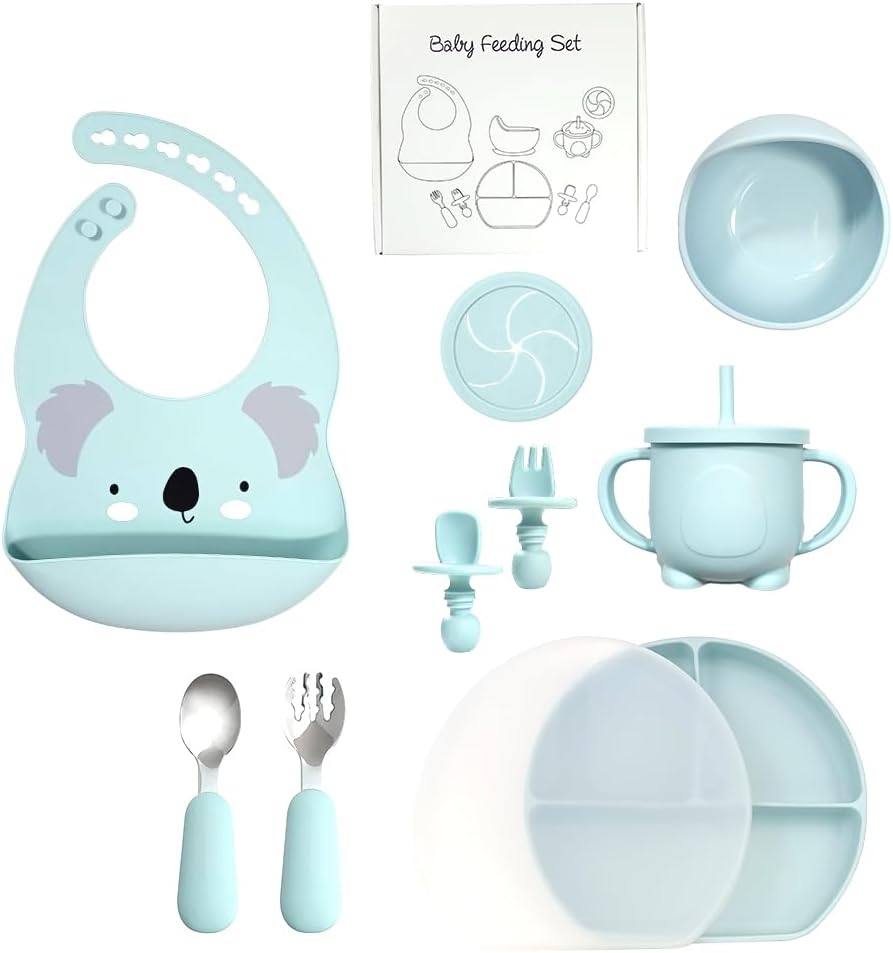 BY FOREV Juego de alimentación de bebé de silicona, suministros de destete con ventosa dividida, juego de platos de autoalimentación para niños