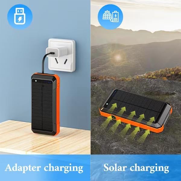 Banco de energía solar cargador inalámbrico 33800mAh integrado 4 cables y luces LED de campamento 22.5 W carga rápida banco de energía 7 salidas 4