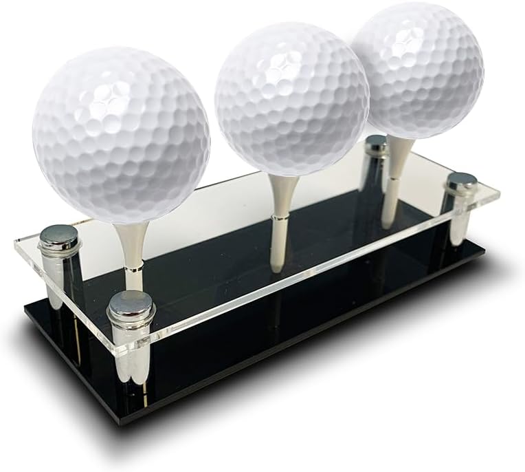 Soporte de exhibición de pelotas de golf acrílicas, capacidad para 3 pelotas de golf, acrílico y metal, 3 camisetas de golf incluidas (acrílico)